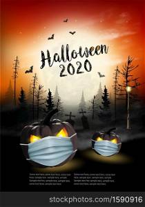 Holiday Halloween background with pumpkins wearing medical face mask and silhouettes of bats, dead trees and big moon. Halloween festival in Covid-19. Coronavirus concept. Vector