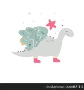 Holiday hand drawn dino with Christmas tree. Vector festive illustration