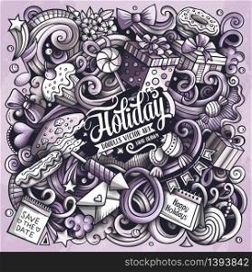 Holiday hand drawn vector doodles illustration. Birthday poster design. Party elements and objects cartoon background. Monochrome funny picture. All items are separated. Holiday hand drawn vector doodles illustration. Birthday poster design.