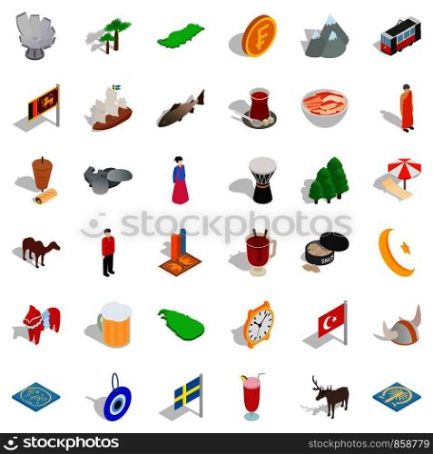 Holiday icons set. Isometric style of 36 holiday vector icons for web isolated on white background. Holiday icons set, isometric style