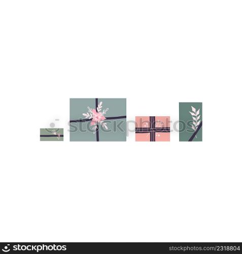 Holiday illustration of hygge parcels and package top view with ribbons and branches. Vector horizontal cozy composition of gift boxes in pastel colors with foliage and berries decorations. Holiday illustration of hygge parcels and package top view with ribbons and branches. Vector horizontal cozy composition of gift boxes in pastel colors with foliage