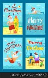 Holiday images shooting Santa Claus with snowman and surfboard on sea beach, swimming and having fun. Postcard greeting Merry Christmas seascape vector. Holiday Seascape Image Shooting Santa Claus Vector