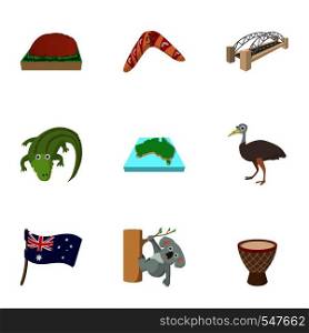 Holiday in Australia icons set. Cartoon illustration of 9 holiday in Australia vector icons for web. Holiday in Australia icons set, cartoon style