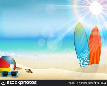Holiday in beach on the summer with surfboard and ball volley and sunglasses