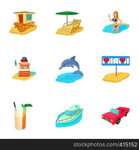 Holiday in Miami icons set. Cartoon illustration of 9 holiday in Miami vector icons for web. Holiday in Miami icons set, cartoon style