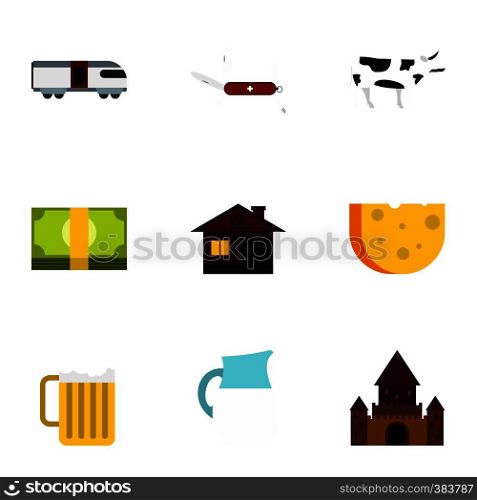 Holiday in Switzerland icons set. Flat illustration of 9 holiday in Switzerland vector icons for web. Holiday in Switzerland icons set, flat style