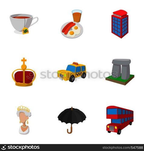 Holiday in United Kingdom icons set. Cartoon illustration of 9 holiday in United Kingdom vector icons for web. Holiday in United Kingdom icons set, cartoon style