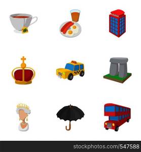 Holiday in United Kingdom icons set. Cartoon illustration of 9 holiday in United Kingdom vector icons for web. Holiday in United Kingdom icons set, cartoon style