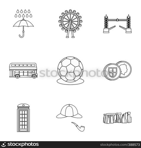 Holiday in United Kingdom icons set. Outline illustration of 9 holiday in United Kingdom vector icons for web. Holiday in United Kingdom icons set, outline style