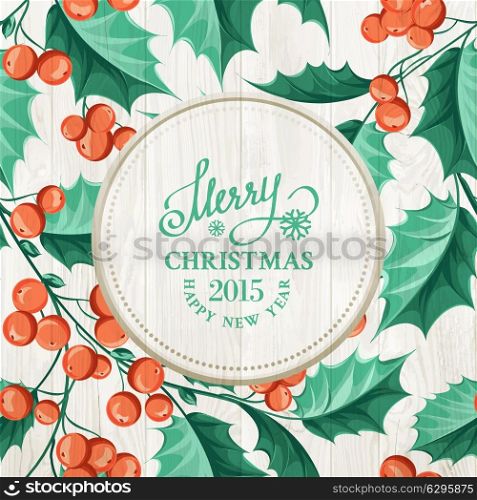 Holiday invitation card with mistletoe floral border. Vector illustration.