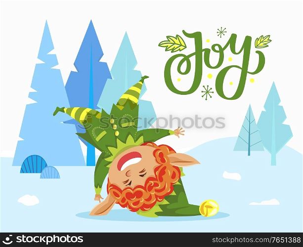 Holiday joy caption, greeting postcard. Elf jumping and having fun in forest near snowy fir tree. Little boy greet with xmas. Fairy character in green costume and hat. Vector illustration in flat. Holiday Joy Caption, Elf Playing in Winter Forest