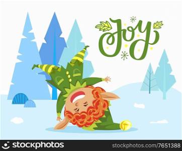 Holiday joy caption, greeting postcard. Elf jumping and having fun in forest near snowy fir tree. Little boy greet with xmas. Fairy character in green costume and hat. Vector illustration in flat. Holiday Joy Caption, Elf Playing in Winter Forest