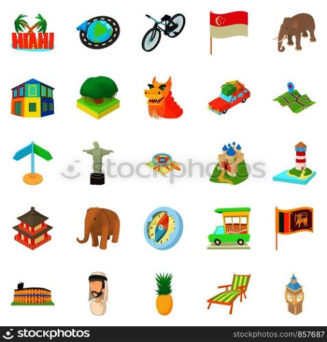 Holiday landmark icons set. Cartoon set of 25 holiday landmark vector icons for web isolated on white background. Holiday landmark icons set, cartoon style