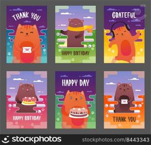 Holiday leaflets with funny cats vector illustration set. Vivid graphic elements on background and text. Thank you and birthday concept. Template for grateful poster or brochure