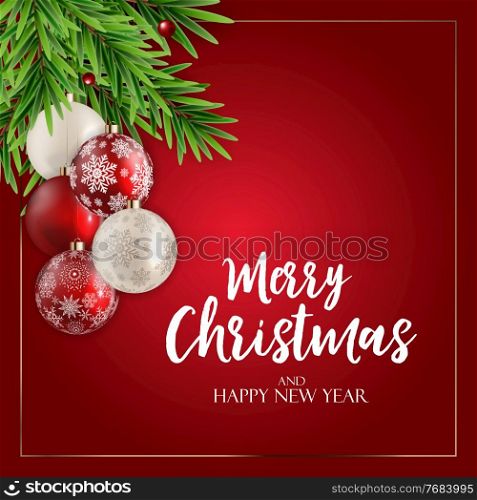 Holiday New Year and Merry Christmas Background with fir and balls. Vector Illustration EPS10. Holiday New Year and Merry Christmas Background with fir and balls. Vector Illustration