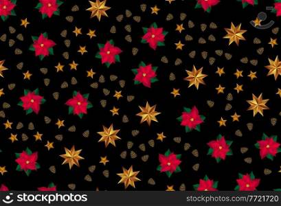 Holiday New Year and Merry Christmas Background with golden stars, cones and poinsettia flower. Vector Illustration EPS10