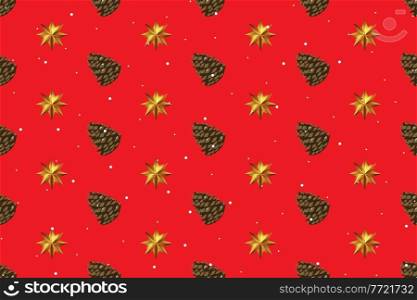 Holiday New Year and Merry Christmas Seamless Pattern Background with pine cone and golden star. Vector Illustration EPS10
