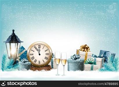 Holiday New Year's background with presents and clock. Vector.