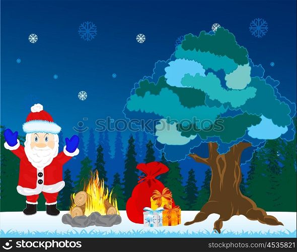 Holiday new year. Santa Claus in the night beside campfires with gift.Vector illustration
