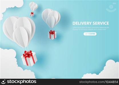 Holiday of Balloons gift fly on air blue sky.Delivery service concept.Creative map world location network paper cut and craft.Graphic Online transport background.Minimal pastel.Vector illustration