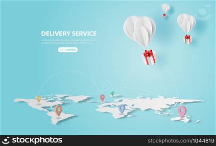 Holiday of Balloons gift fly on air.Delivery service concept.Creative map world location network paper cut and craft style.Graphic Online transport background.Minimal blue pastel.Vector illustration