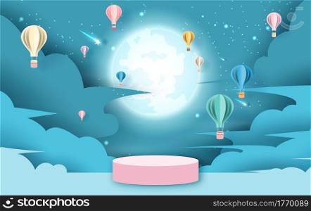Holiday of hot air balloons on abstract cloud in full moon and shooting star night sky background with pink stage podium and blank space for product. Paper cut and craft style. vector, illustration.