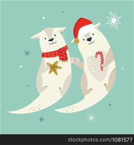 Holiday otters in scarf and Santa hat holding paws. Festive illustration with adorable animals. Holiday otters in scarf and Santa hat holding paws