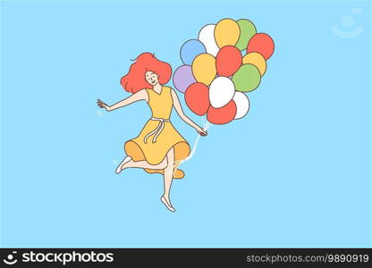 Holiday, party, birthday, celebration, fun concept . Cheerful feminine girl holding many colourful baloons enjoying holiday event over blue background vector illustration. Holiday, party, birthday, celebration, fun concept 