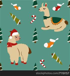 Holiday pattern with cute lamas and elements.. Holiday pattern with cute lamas and elements