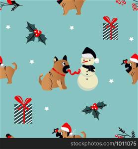 Holiday pattern with funny pug. Perfect for wrapping paper. Holiday Christmas pattern with funny pug