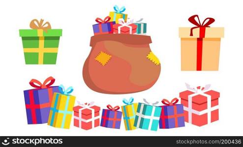 Holiday Present Gift Box. Pile Of Colorful Wrapped Gifts. Packaging. Christmas, New Year Birthday Concept. Isolated Cartoon Illustration