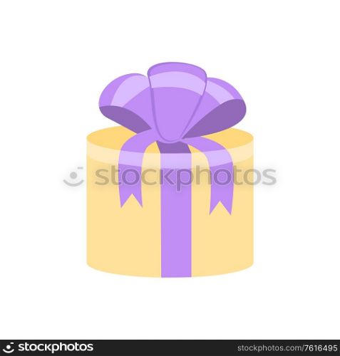 Holiday present with ribbon and bow, gift box vector. Festive surprise, wrapped cardboard container decor, birthday and Christmas or Valentines day. Gift Box or Holiday Present with Ribbon and Bow