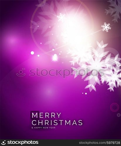 Holiday purple abstract background, winter snowflakes, Christmas and New Year design template, light shiny modern vector illustration