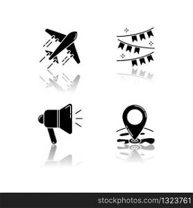 Holiday recreation drop shadow black glyph icons set. Planning event. Travel with airplane. Celebrate event. Festive decoration. GPS point location. Isolated vector illustrations on white spaces