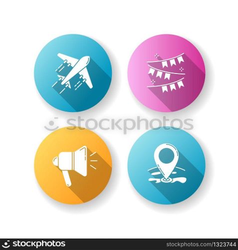 Holiday recreation flat design long shadow glyph icons set. Planning event. Travel with airplane. Celebrate event. Festive decoration. GPS point location. Silhouette RGB color illustrations