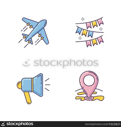 Holiday recreation RGB color icons set. Planning event. Travel with airplane. Celebrate event. Festive decoration. Loudspeaker sign. GPS point location. Isolated vector illustrations
