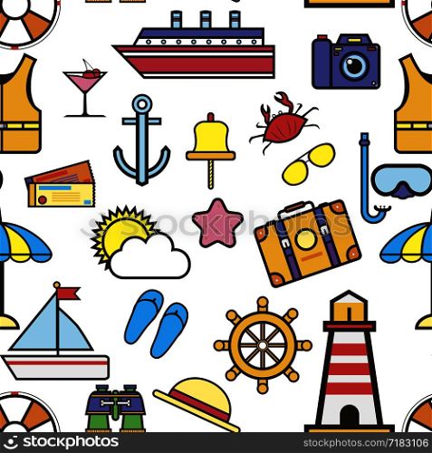 Holiday rest by seaside items seamless pattern vector. Ship and umbrella protecting from sun rays, lighthouse and sunglasses, cocktail and scuba diving equipment. Saving ring and flip flops jacket. Holiday rest by seaside items seamless pattern vector.