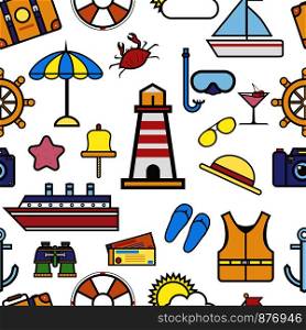 Holiday rest by seaside items seamless pattern vector. Ship and umbrella protecting from sun rays, lighthouse and sunglasses, cocktail and scuba diving equipment. Saving ring and flip flops jacket. Holiday rest by seaside items seamless pattern vector