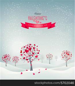 Holiday retro background. Valentine trees with heart-shaped leaves. Vector illustration.