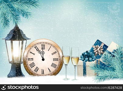 Holiday retro background with champagne glasses and clock . Happy New Year.