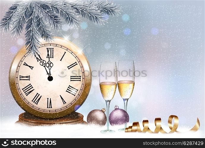 Holiday retro background with champagne glasses and clock. Happy New Year. Vector illustration
