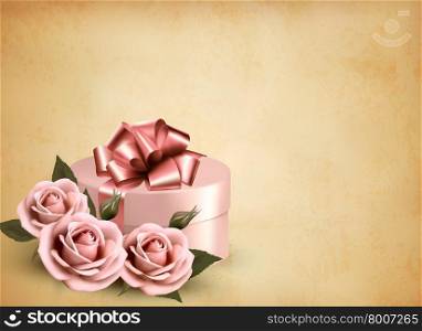 Holiday retro background with pink roses and gift box. Vector illustration
