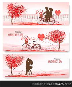Holiday retro banners. Valentine trees with heart-shaped leaves and bicycle. Vector
