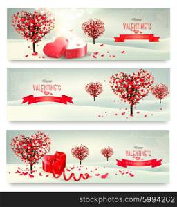 Holiday retro banners. Valentine trees with heart-shaped leaves. Vector