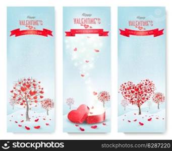 Holiday retro banners. Valentine trees with heart-shaped leaves. Vector