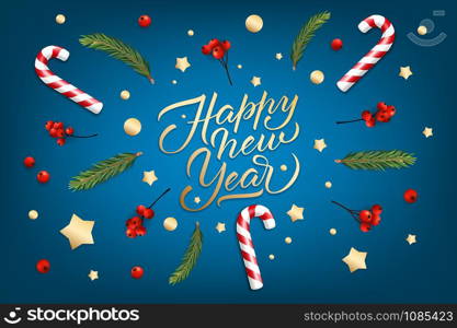 Holiday&rsquo;s Background for Merry Christmas and Happy New Year greeting card with a realistic Christmas balls, Candy Canes, red berries