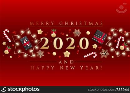 Holiday's Background for Merry Christmas and Happy New Year greeting card with Christmas lights, gold stars, snowflakes, gift box