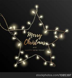Holiday&rsquo;s Background for Merry Christmas greeting card with a light garland and lettering Happy New Year and Merry Christmas