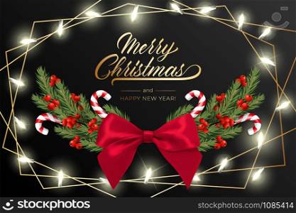 Holiday&rsquo;s Background for Merry Christmas greeting card with a realistic green garland of pine tree branches, decorated with Christmas lights, Christmas candy, snowflakes, red berries