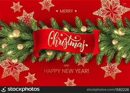 Holiday&rsquo;s Background for Merry Christmas greeting red card with a realistic green garland of pine tree branches, decorated with Christmas candy, snowflakes, red berries